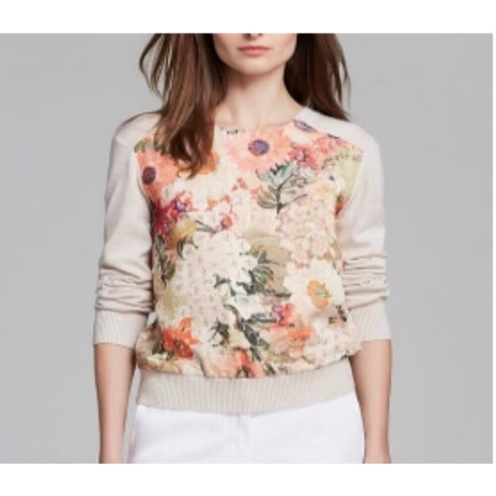 Tory Burch Sweater Tan Floral Wool Long Sleeve Crewneck Pullover Knit Top Size L